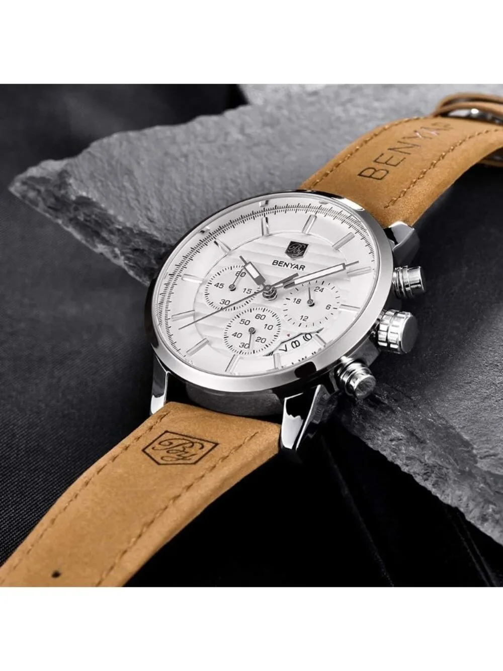 Men's Brown Silver White Analog Quartz Chronograph Waterproof Fashion Wristwatch